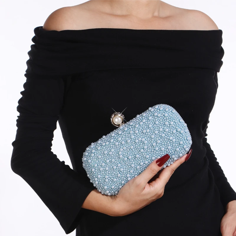 Ladies' Evening Bag Luxury Light Blue Pearl Beaded Clutch Purse Long Metal Chain Rhinestone Buckle Hardcase Handbag for Wedding