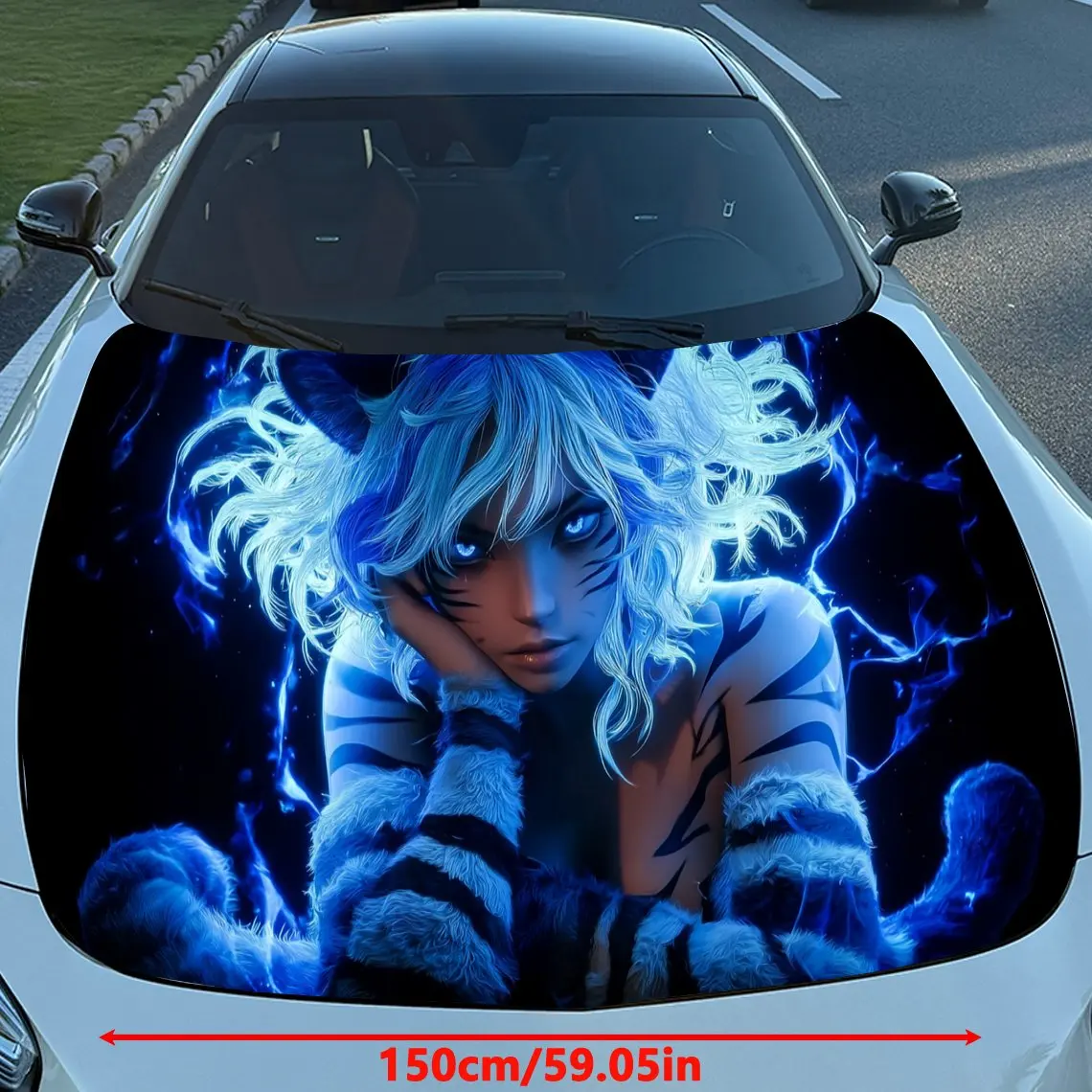 Electric Tiger Princess with Blue Flame Frenzy Pattern Car Vinyl Wrap, PVC Material Waterproof Car Hood Sticker, Self-Adhesive S