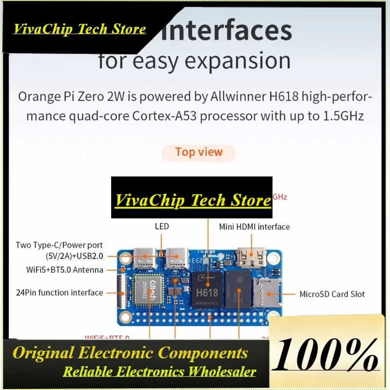 RoRuSOrange Pi Zero 2W 2GB RAM DDR4 Single Board Computer Zero2 W Allwinner H618 WiFi-BT Orange Pi Zero 2 W Development Board