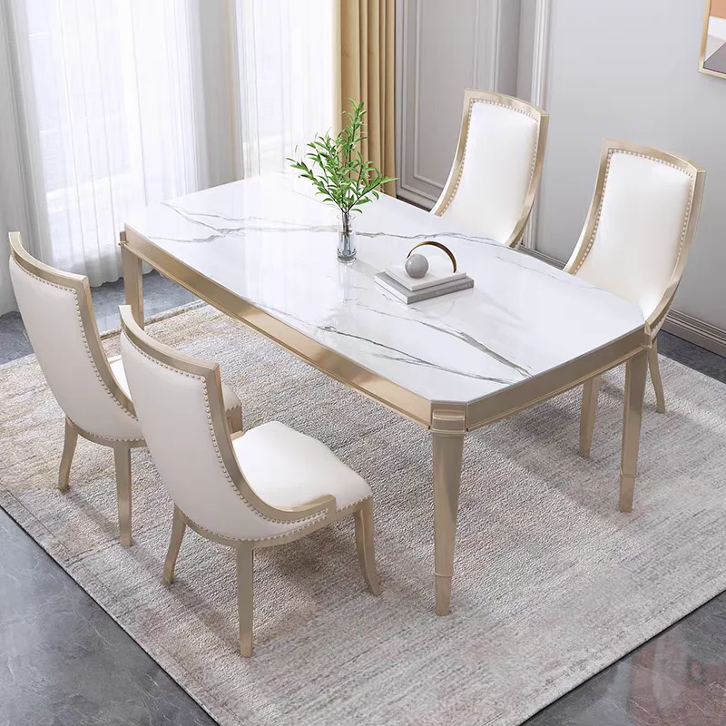 

American light luxury dining table and chair combination all solid wood dining table modern simple rock slab French dining table