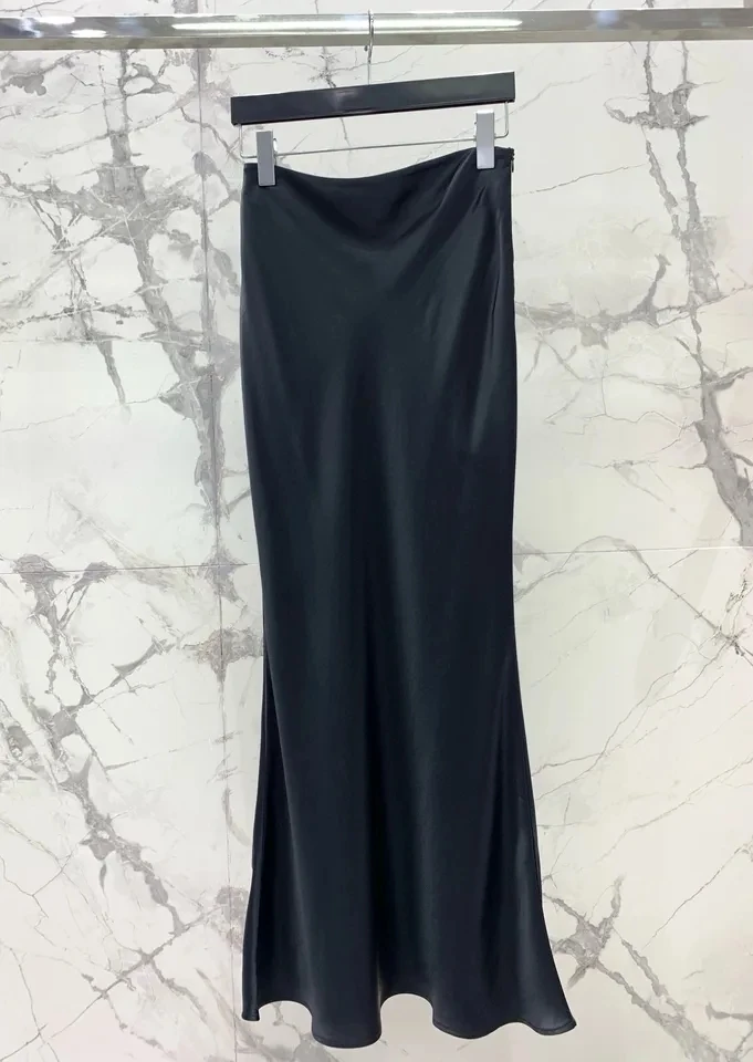 

2024SS Summer Luxury New Women High Quality Black Acetate Midi Trumpet Mermaid Skirt for Ladies