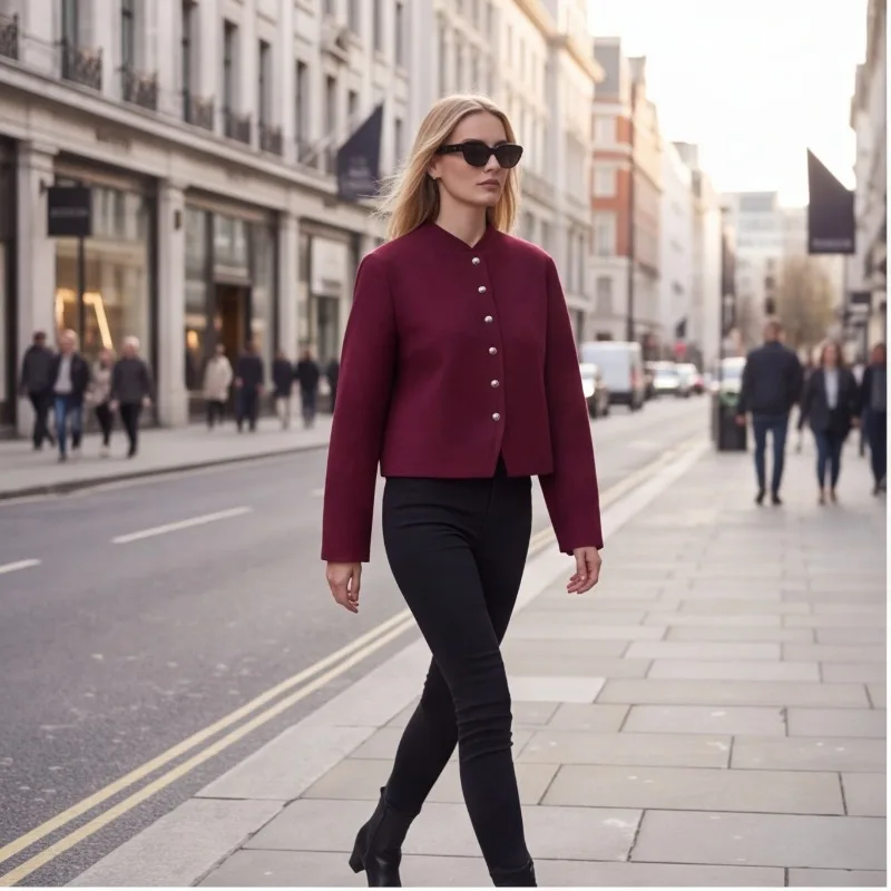 Guobioziy 2026 Autumn New Button Decoration Round Neck Commuter Long Sleeve Coat Simple Solid Color Classic Style