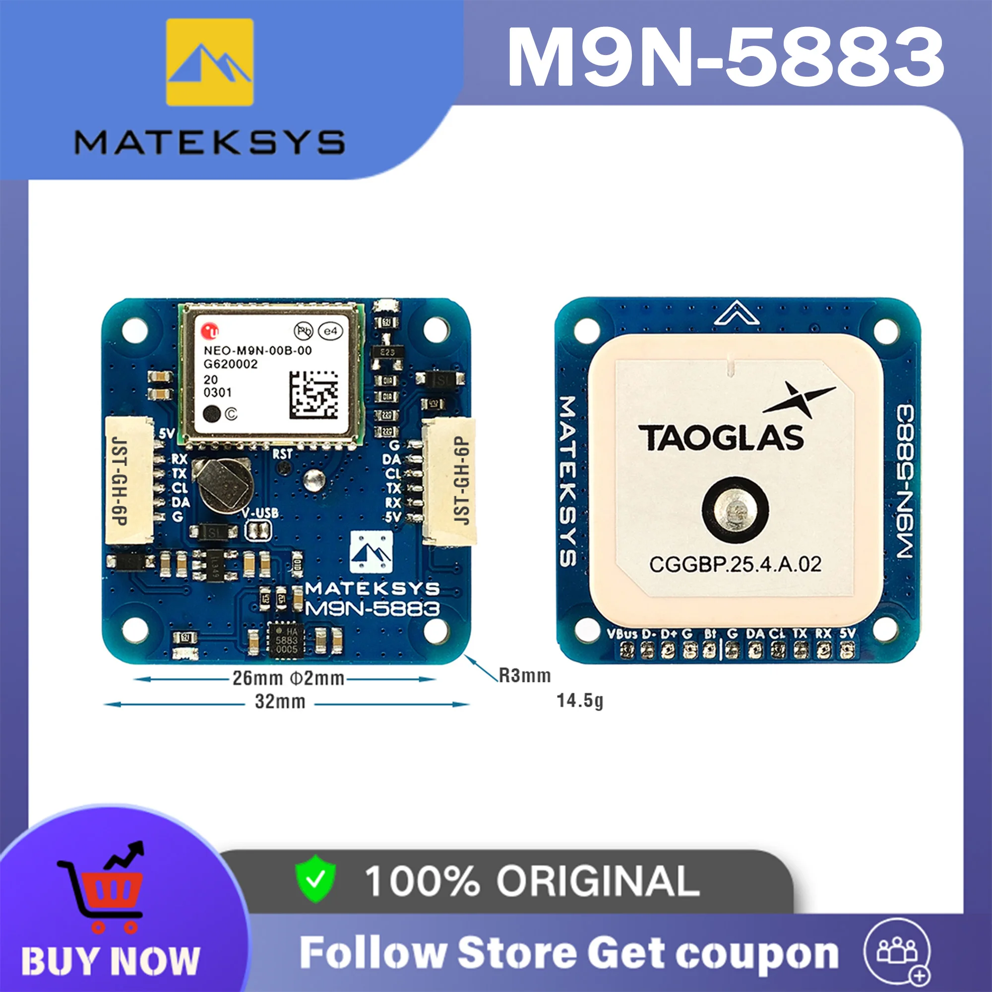 

MATEK Mateksys GNSS & Compass M9N-5883 GPS GLONASS Galileo BeiDou QMC5883L 32x32x10 мм 14,5 г для дрона с дистанционным управлением FPV