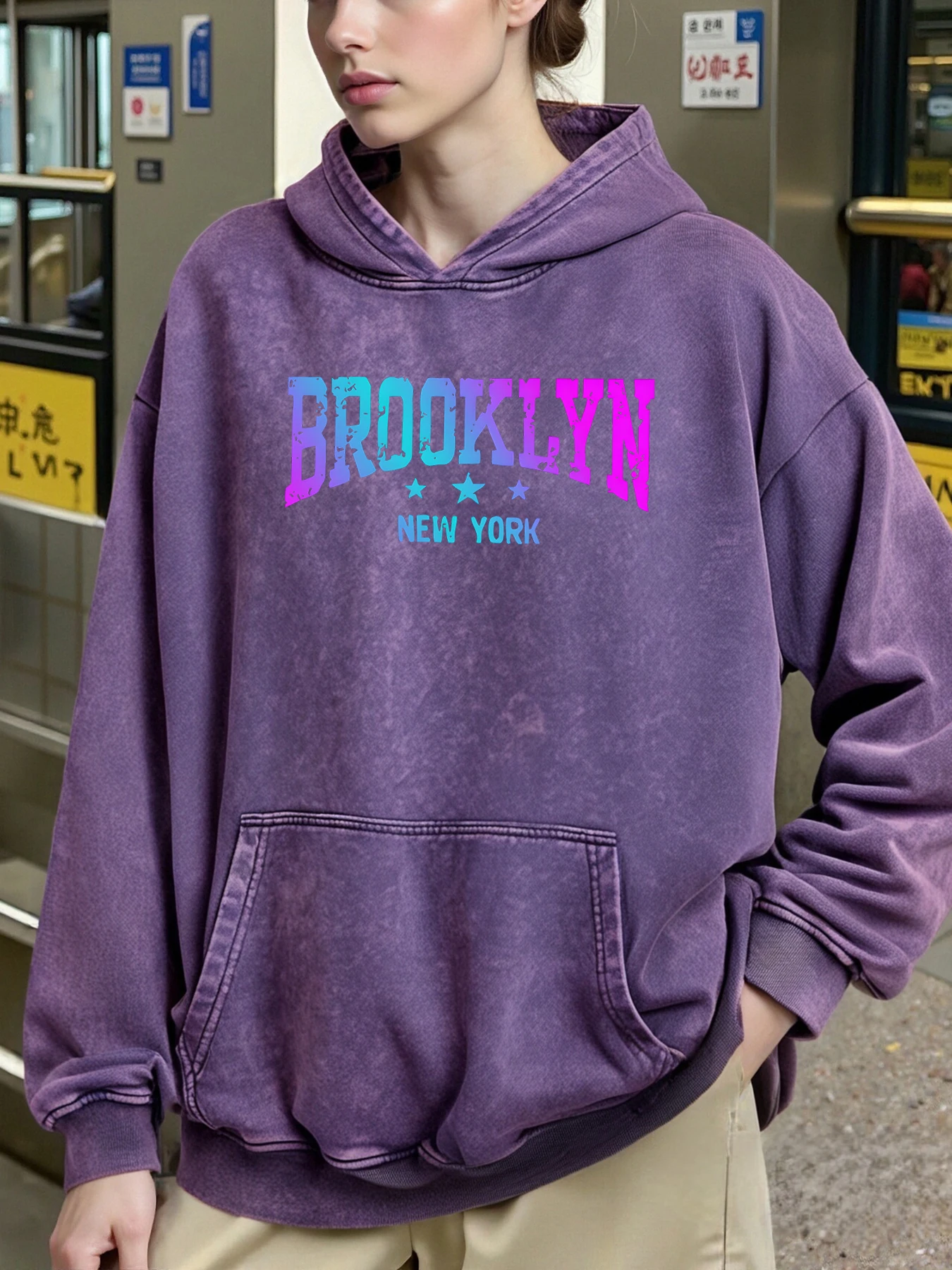 رسالة فنية بروكلين نيويورك طباعة المرأة هودي الخريف الشتاء غسلها هوديس القطن الهيب هوب رياضية جيب ملابس فضفاضة #2