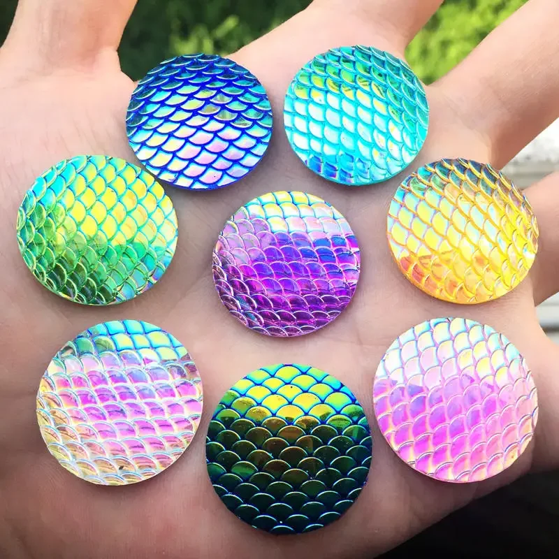 12pcs 25mm Round fish scale resin mermaid cabochon flat back Rhinestone button-B46