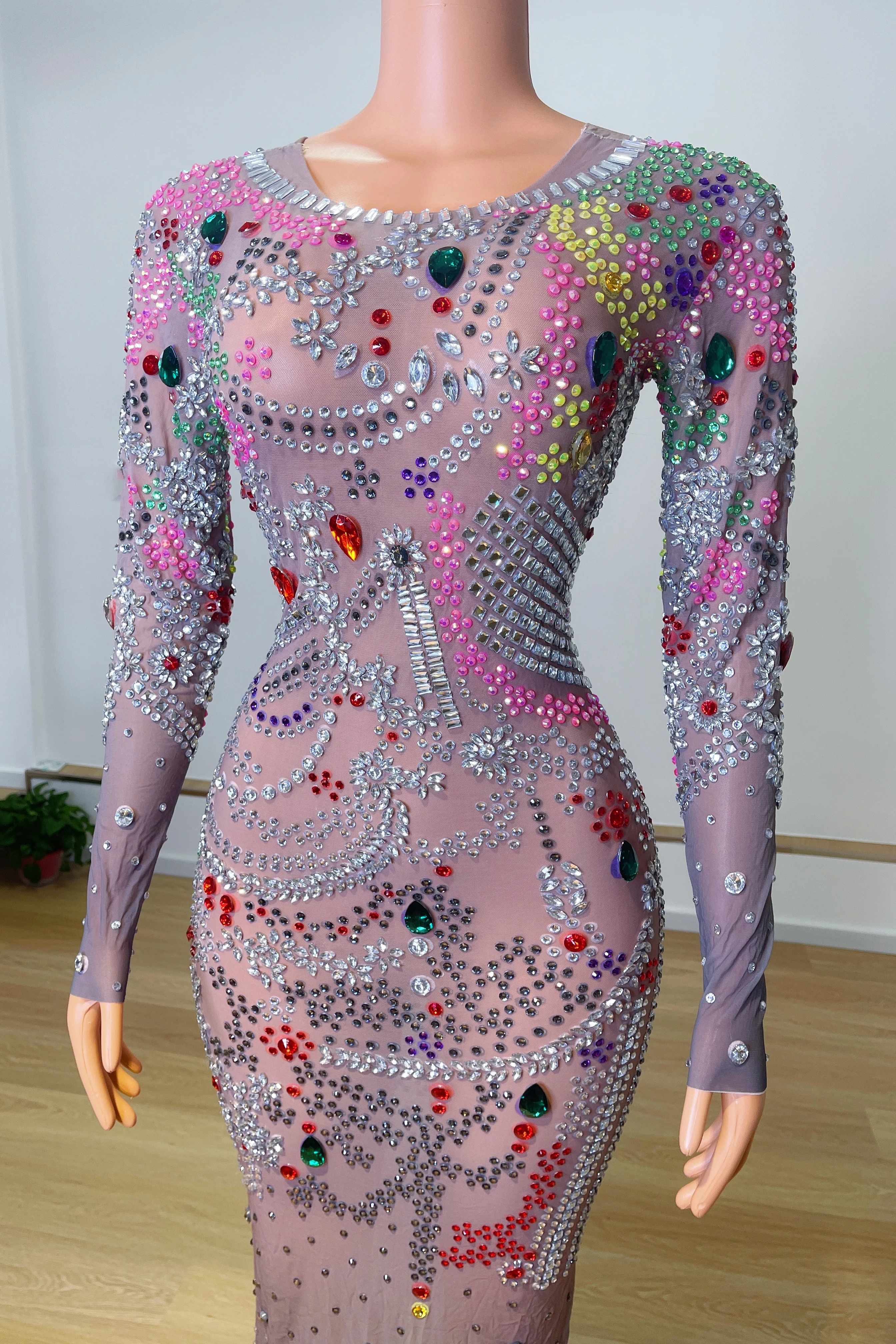 

Rhinestones Long Sleeves Dress Transparent Evening Birthday Celebrate Wedding Costume Women Dancer Show Dress stage costume