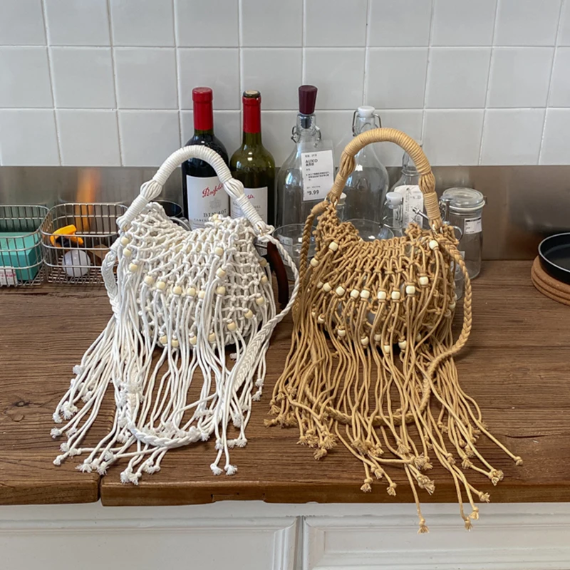 Summer Beach Bag For Women Mesh Rope Knitting Handbag 2 Set Bucket Crossbody Bag Female Studedd Pearl Tassel Shoulder Bag Small