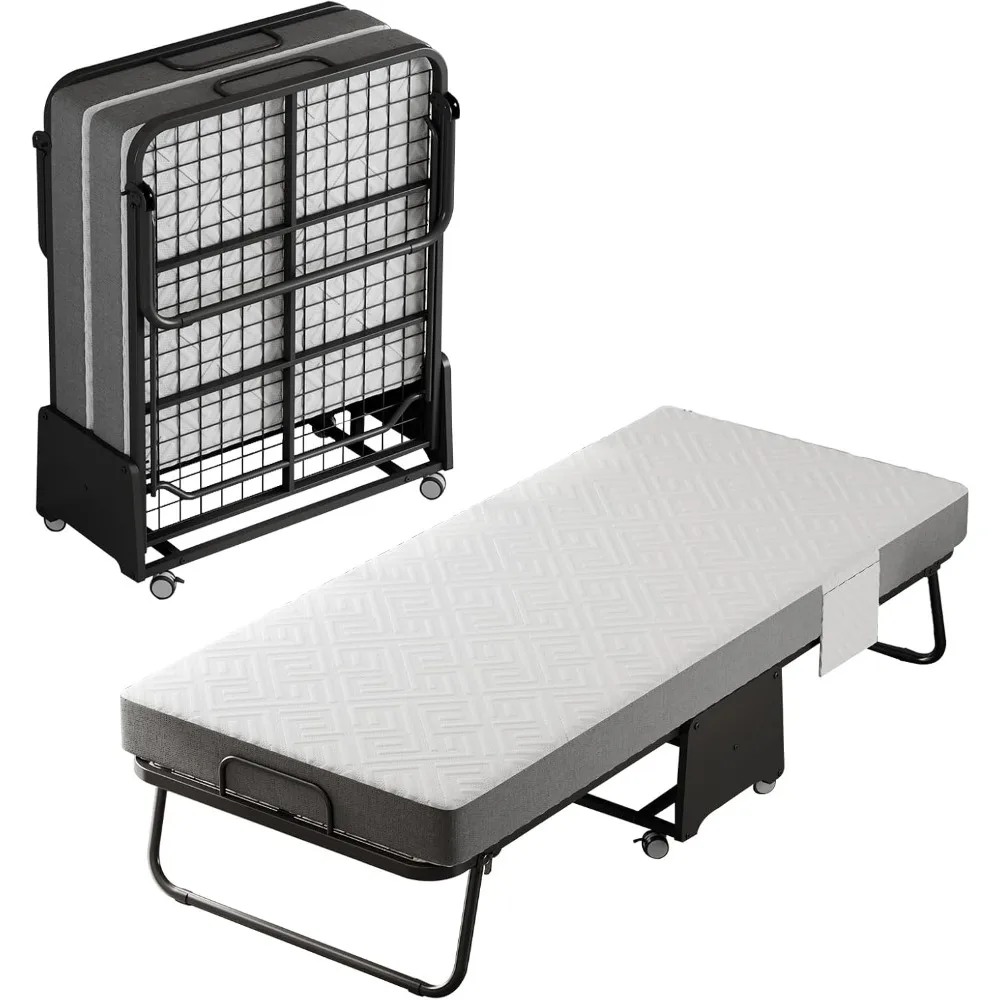 

Folding Bed with Mattress with 5-inch Memory Foam Mattress on Rollers for Easy Storage with Metal Frame and Bed Side Pockets