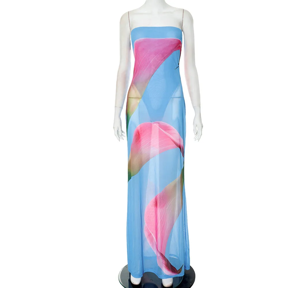 SKMY เสื้อผ้าผู้หญิง 2025 ใหม่แฟชั่นดอกไม้พิมพ์ชีฟองปลอม 2 ชิ้น Bodycuist ชุดราตรียาวชุดปาร์ตี้ Clubwear