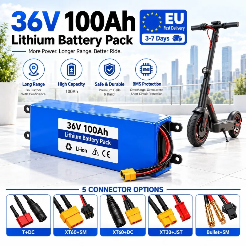 Hochleistungs-Lithium-Batteriepack 36V 100Ah 10S3P 18650 Wiederaufladbare Elektroroller-Batterie mit BMS für E-Scooter im M365-Stil E-Bike-Ersatz EU-Schnellversand