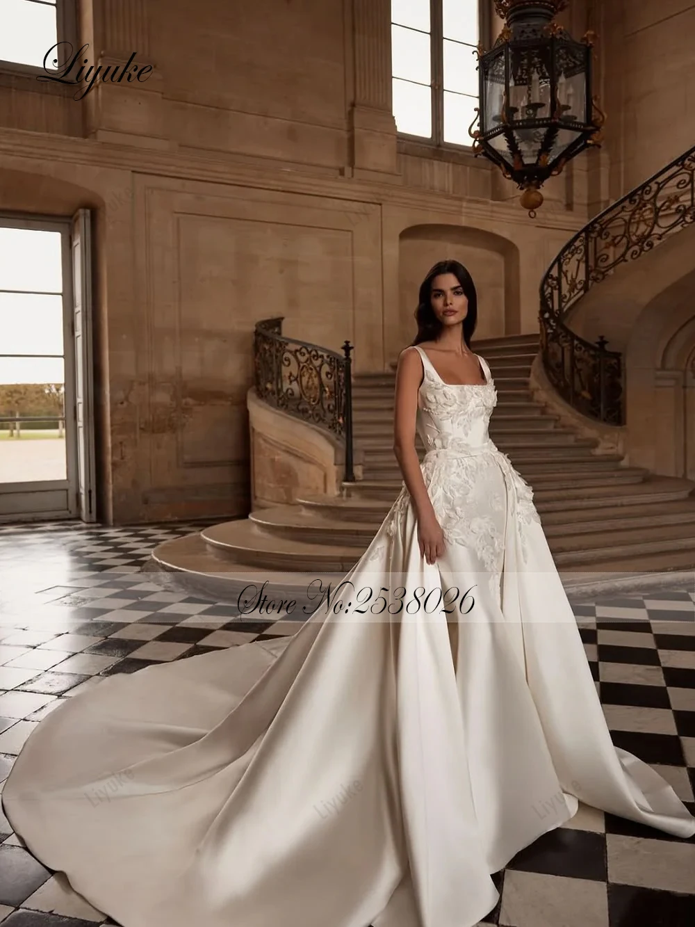Liyuke Custom Made Beauty Embroidery Lace Square Collar 2 In 1 Mermaid Wedding Dresses With Removable Train Luxury Bridal Gowns