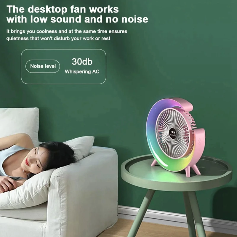 Portable Fan USB Rechargeable Fan LED 7 Colors Electric Fan 180°Adjustable Camping Fans 3 Speeds Mini Desktop Fan