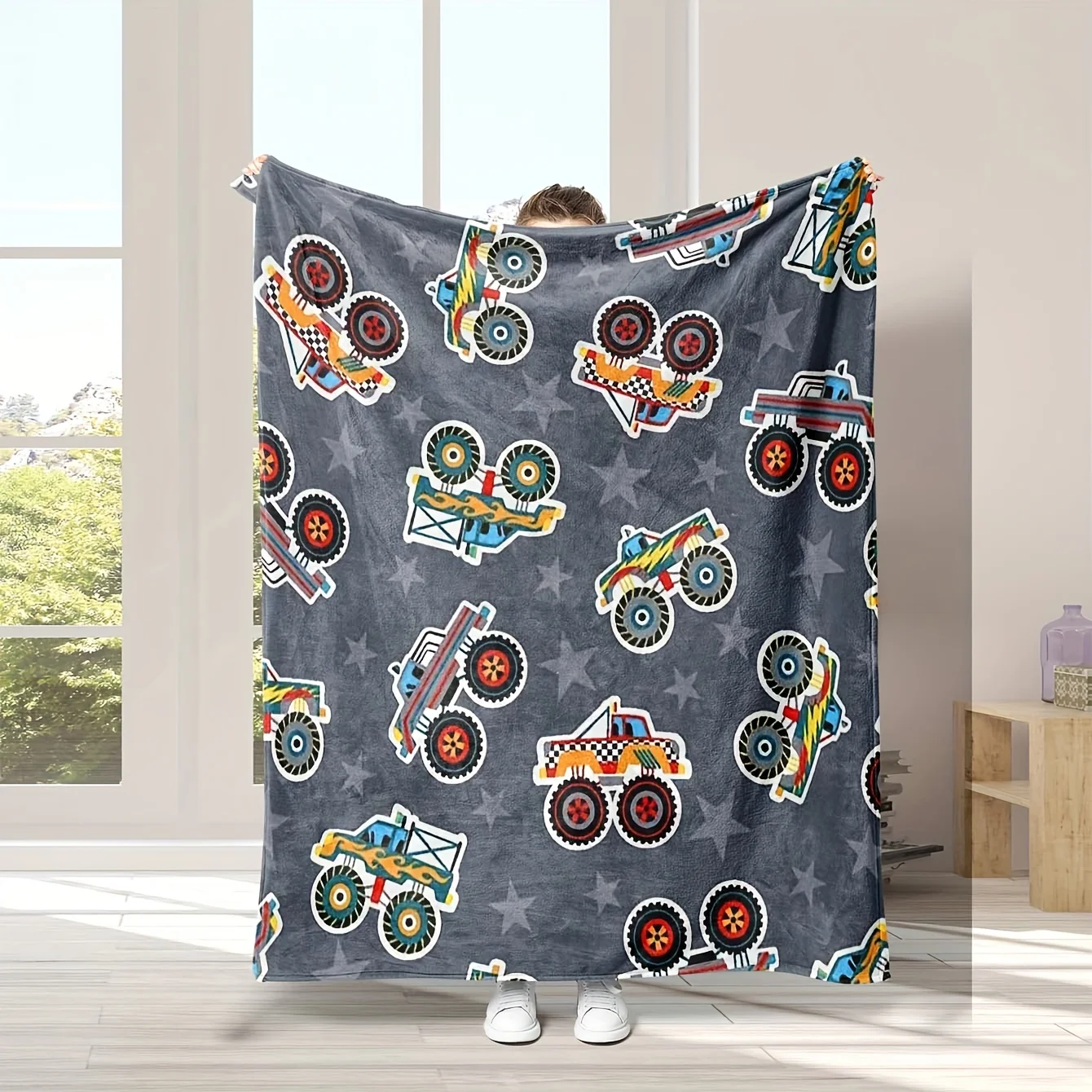 1pc Digital Printed Gray Monster Truck Element Blanket, Soft and Cozy Flannel Plush Cover Blanket, Suitable for Sofa,, Office, T