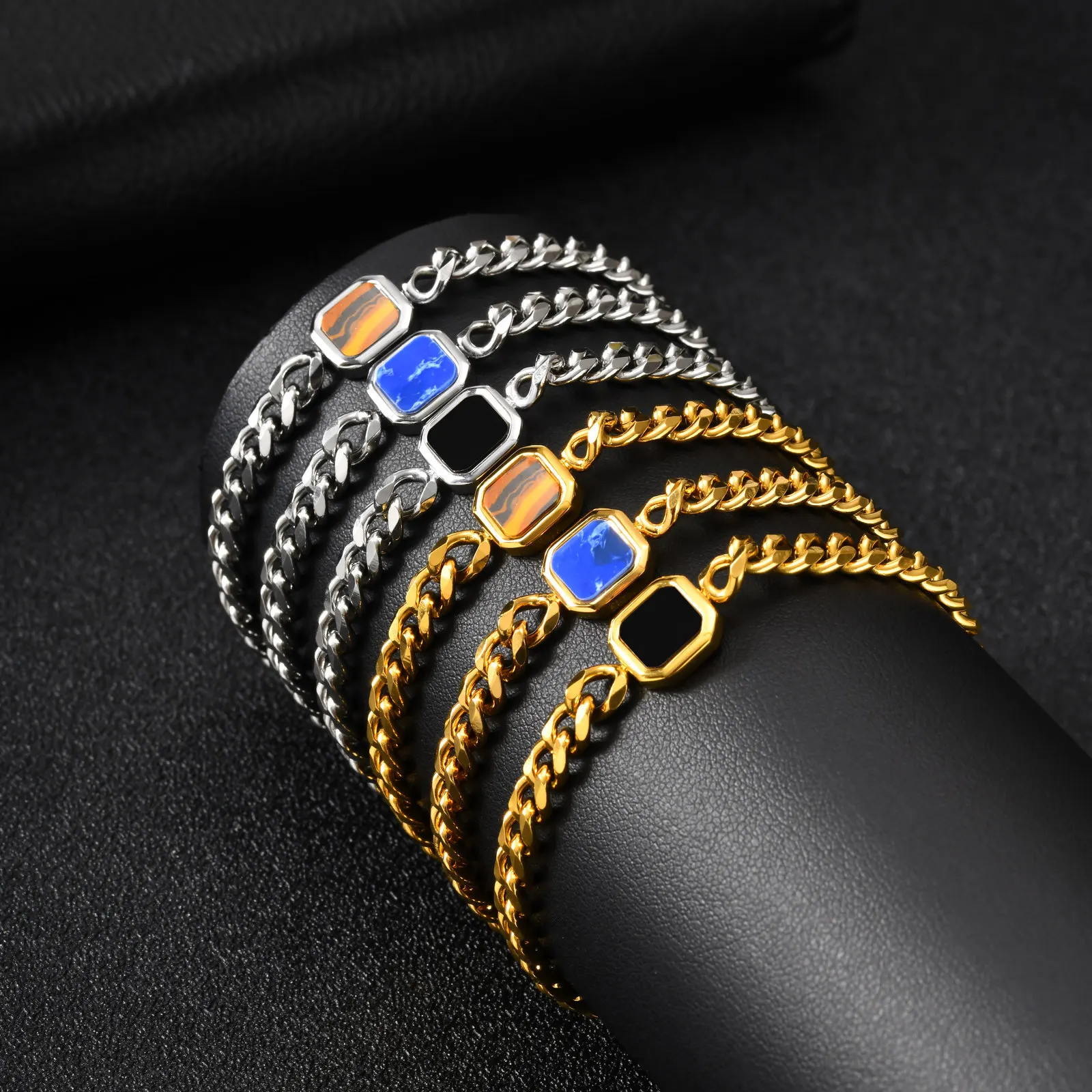 

Регулируемый браслет-цепочка шириной 5 мм для мужчин, из нержавеющей стали с акриловыми шестигранными полированными элементами, подарок для мужа, сына ‌ Него