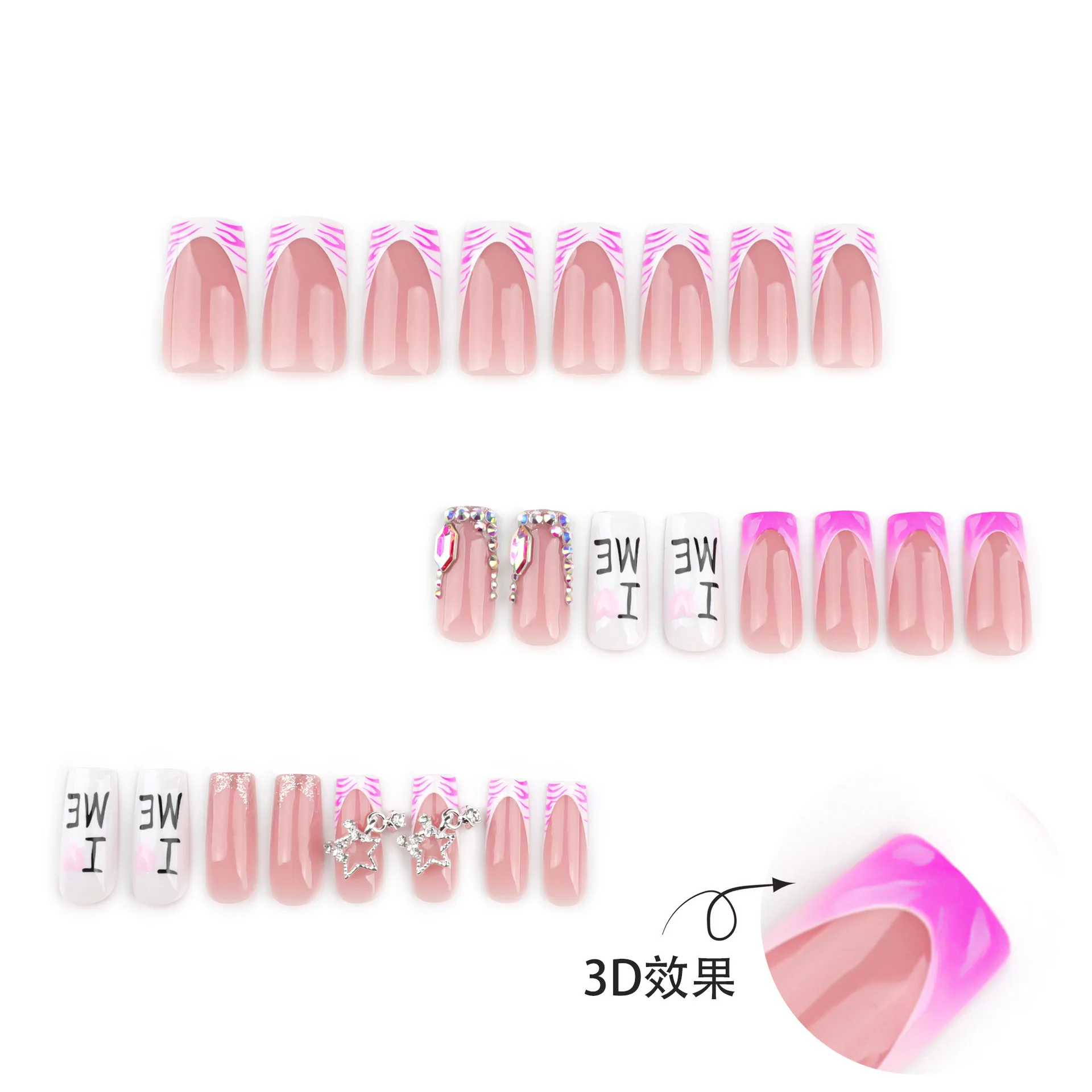24 Stück Flash Diamond Falsche Nägel Rosa Zebramuster Französischer Stil Press On Nails Sternkette Dekor Y2k Valentinstag Fake Nail – Detail 4