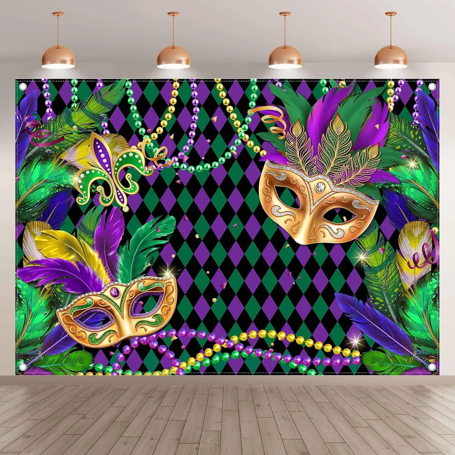 Mardi Gras Masquerade Photography Backdrop, Carnival Fiesta Purple Green Gold Beads Mask Party Photo Banner Decor