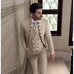 Beige Suits for Men 3 Piece Chic Stand Collar Double Breasted Male Suit Slim Fit Causal Formal Elegant Groom Wedding Tuxedo