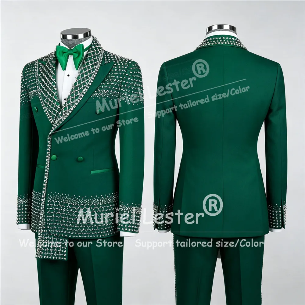 Male Fashion Shiny Crystal Beaded Men Suits Customized Double Breasted Groom Wedding Tuxedos 2 Pcs Set Prom Blazers Ropa Hombre
