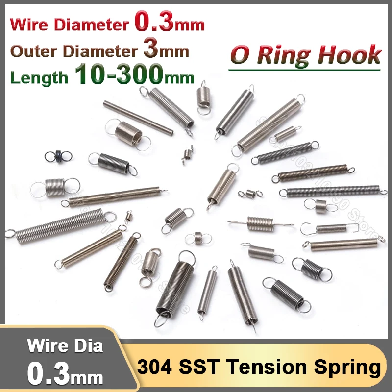 304 Stainless Steel Tension Spring With Dual O Hook Extension Pullback Stretching Spring Wire Dia 0.3mm OD 3mm Length 10-300mm