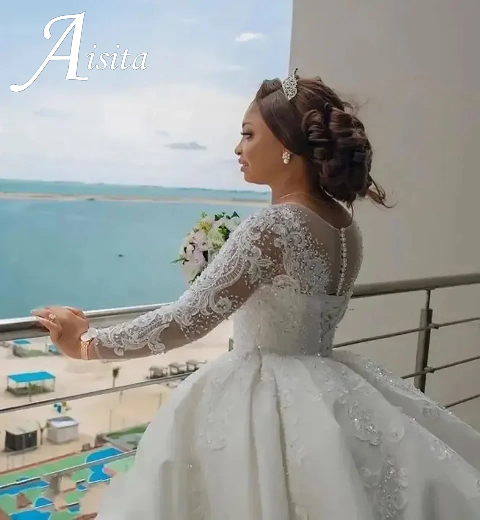 Elegant A-lijn O-hals Wit Satijn Aangepaste Rits Lace Up Trouwjurken Lange Mouwen Kralen Applique Satijnen Pailletten Bruidsjurken