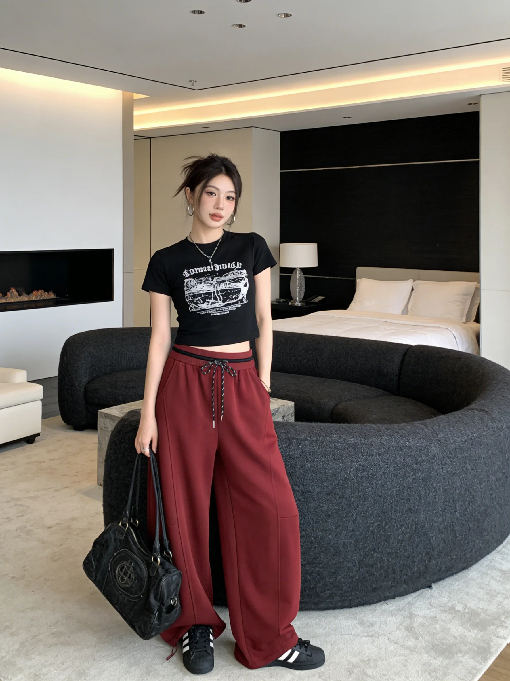 

Red American Retro Wide Leg Knife Pants High Waist Skin Friendly Versatile Korean Sle Slimming Sweatpants Early Spring New ...