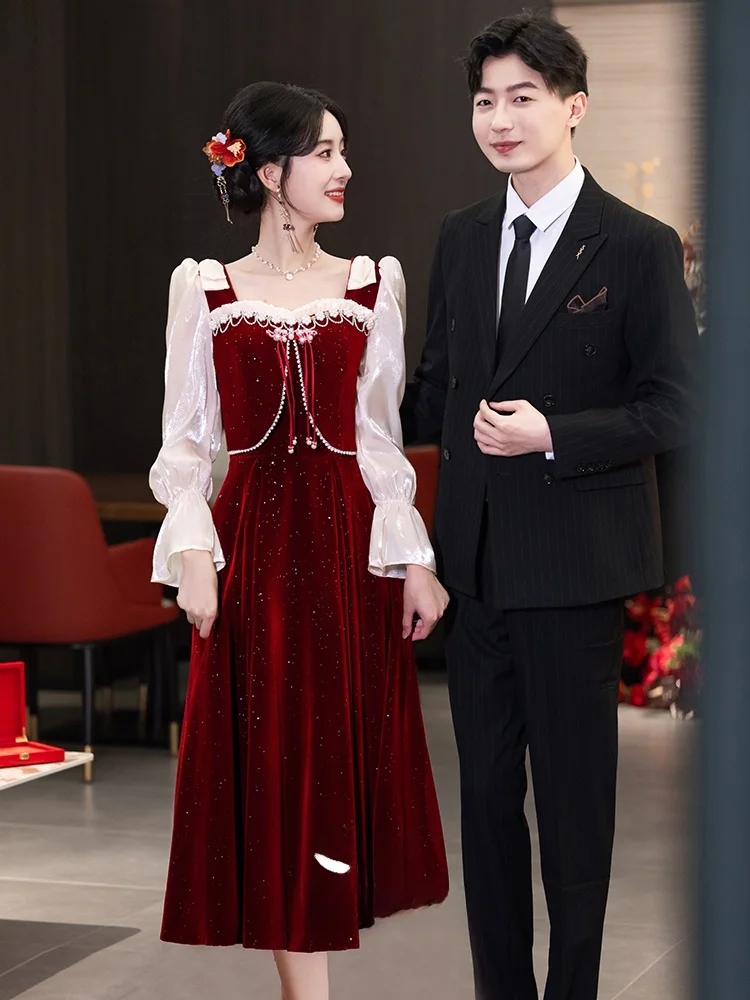 

Bride's Velvet Long Sve Mid-Length Cusizable Wedding Dr Luxury Faion Autumn Winter Wine Offering Ceremony Gown