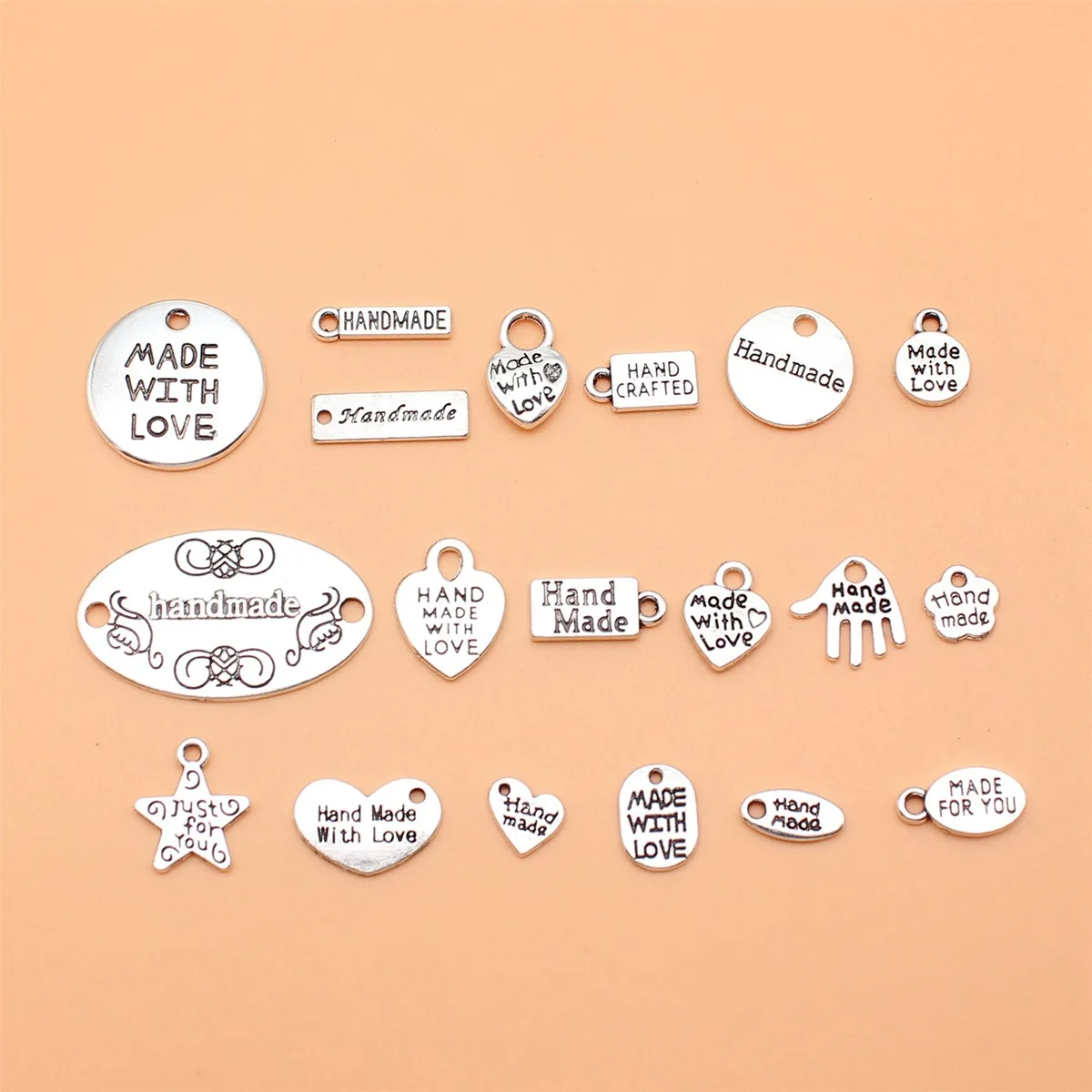 19pcs Antique Silver Color Hand Made, Made With Love Tag Charms Collection For DIY Jewelry Making, 19 Styles, 1 of Each