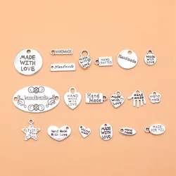 19pcs Antique Silver Color Hand Made, Made With Love Tag Charms Collection For DIY Jewelry Making, 19 Styles, 1 of Each