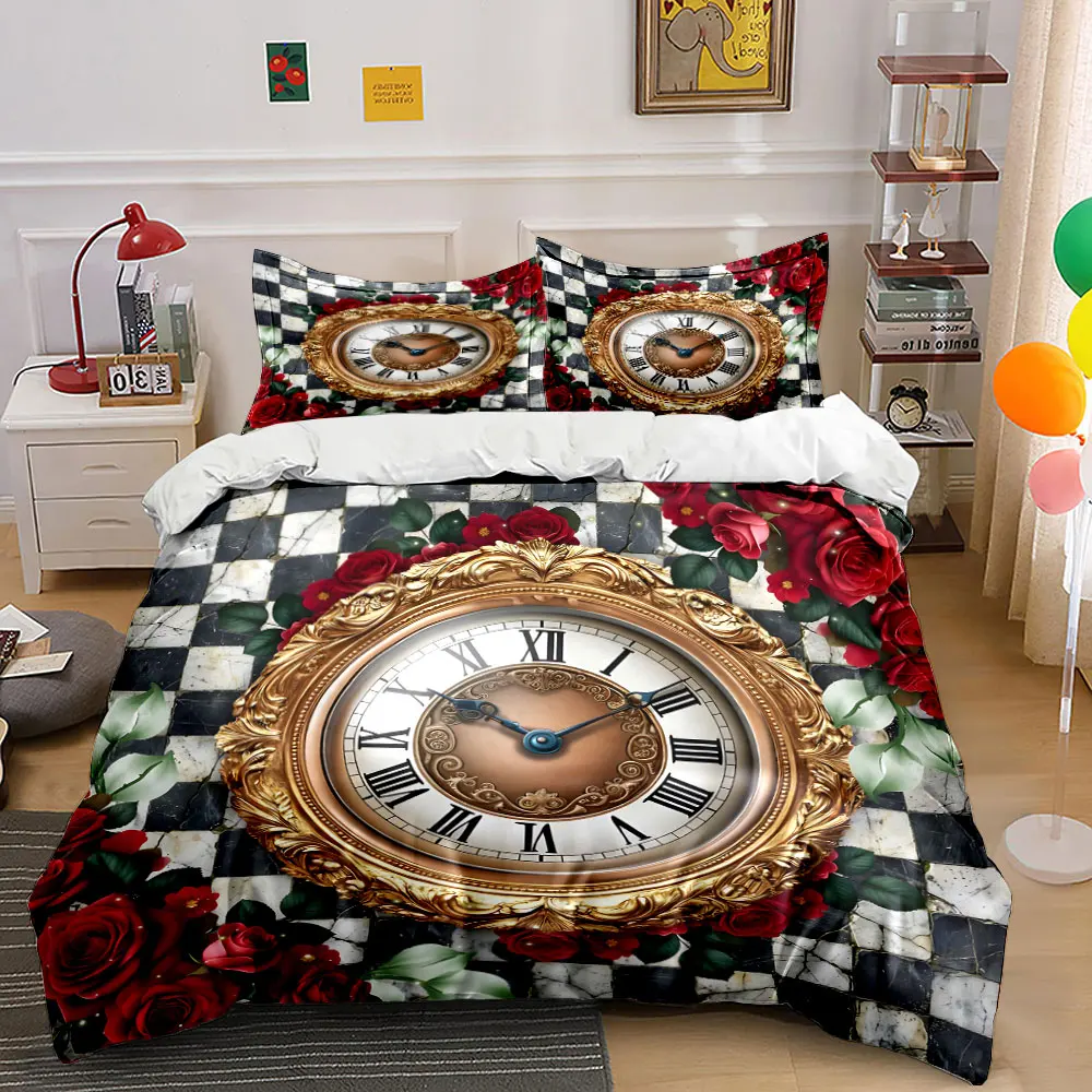 Ornate Gold Clock with Red Roses Printed Duvet Cover Set 1 Duvet Cover+2 Pillowcase Multi Size Bedroom Bedding Decoration