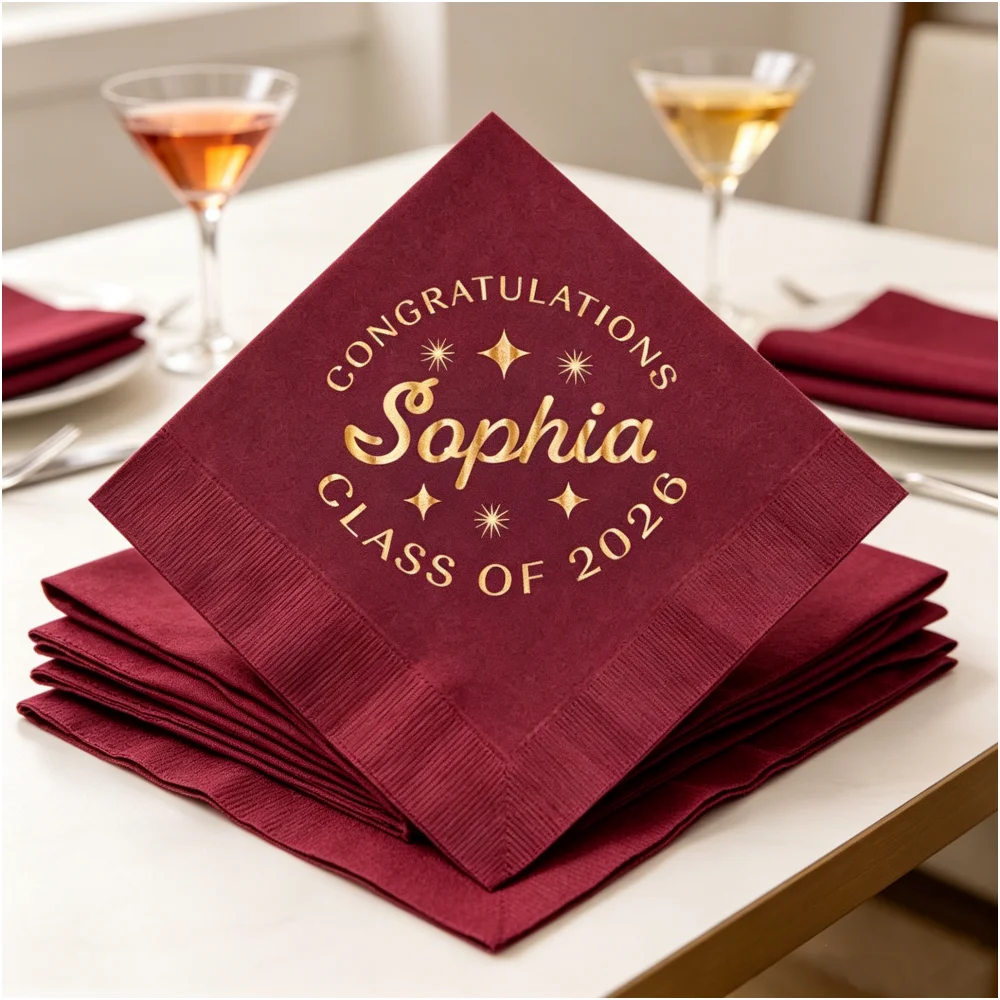 

50pcs Personalized Graduation Cocktail Napkins, Custom Name & Class of 2026 Gold Foil Napkins, Navy Blue Graduation Party Decor