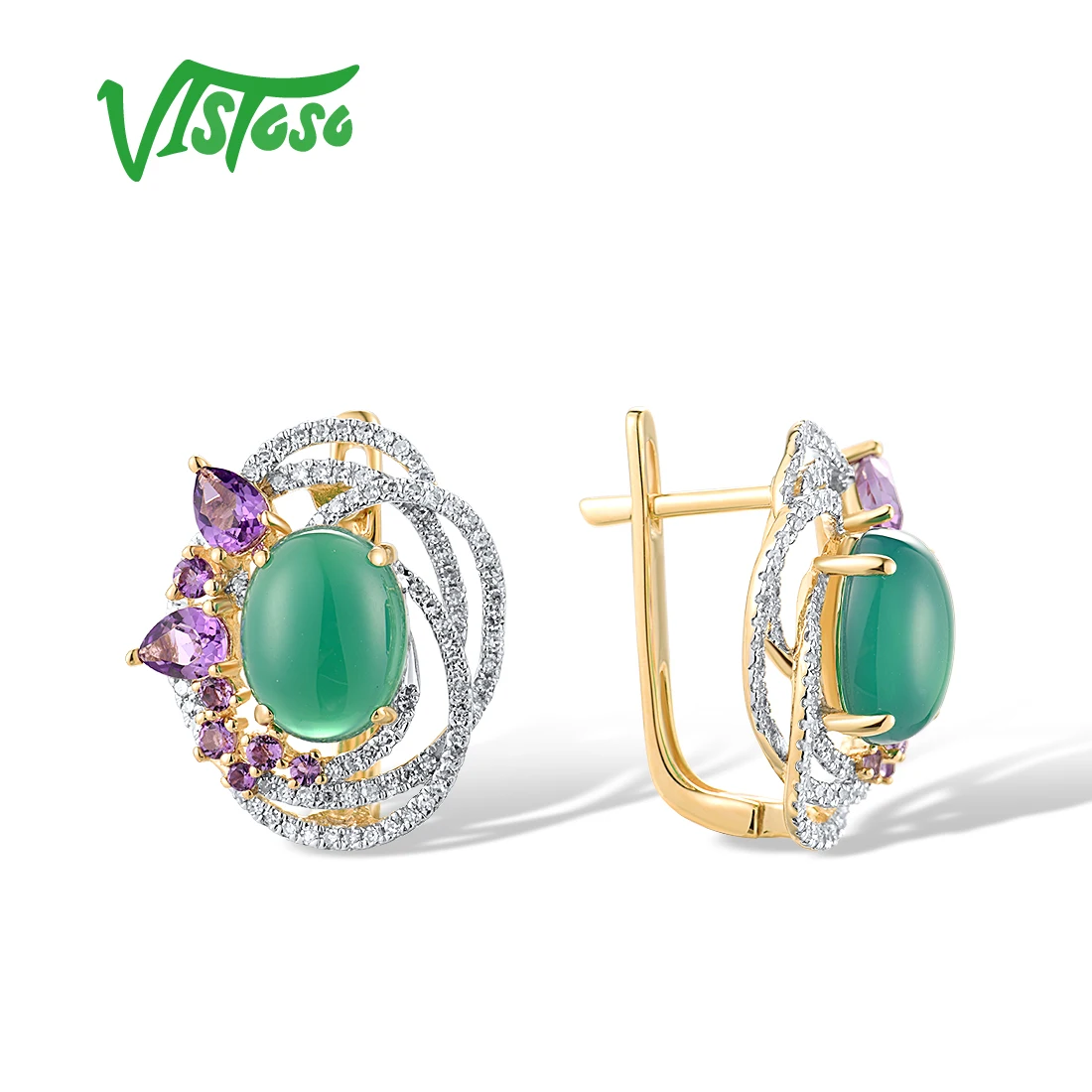 VISTOSO Pure 14K 585 Yellow Gold Earrings For Women Sparkling Diamond Dyed Green Agate Amethyst Luxury Party Gifts Fine Jewelry