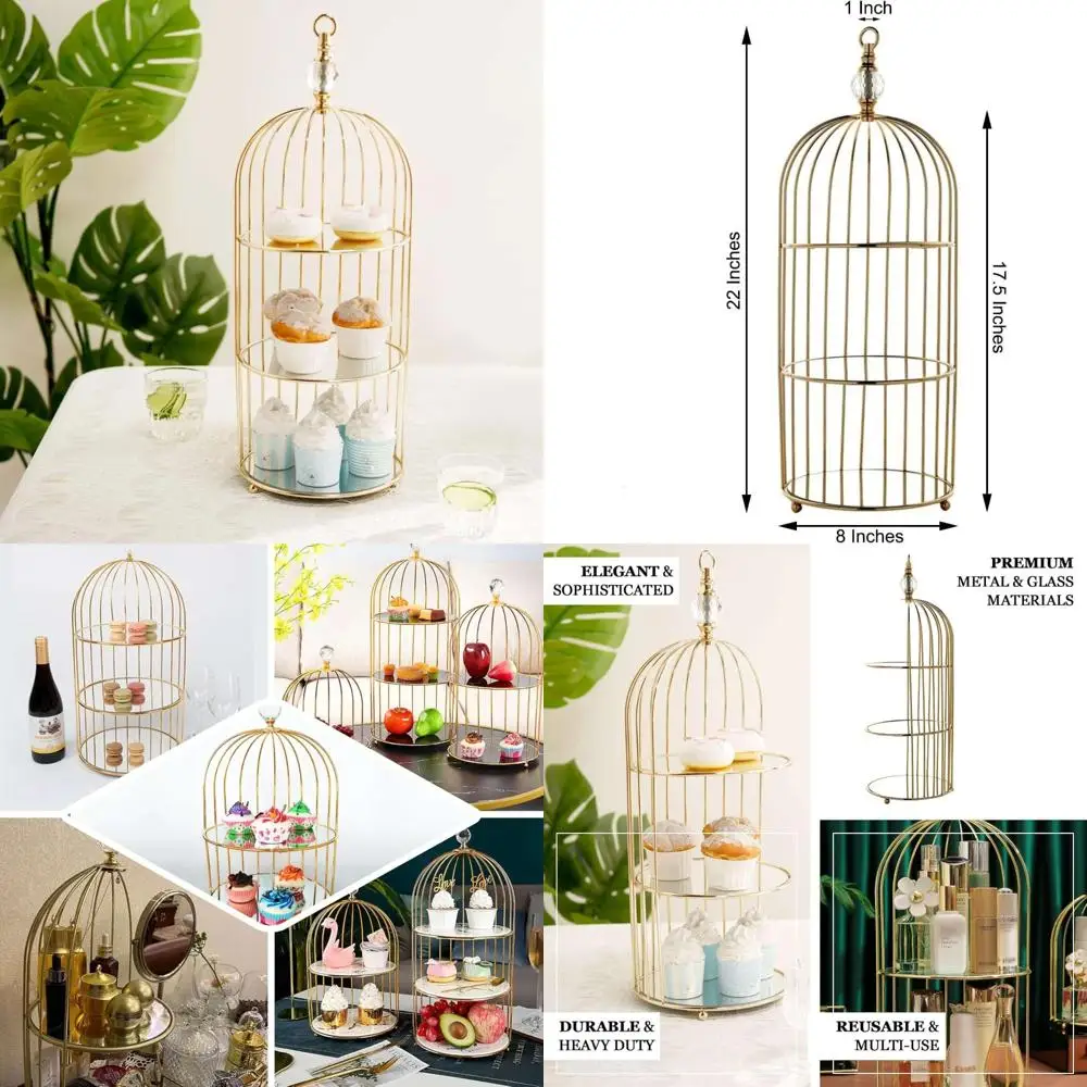 

3 Tier Crystal Mirror Top Gold Metal Bird Cage Cupcake Stand for Weddings, Parties, and Birthday Celebrations