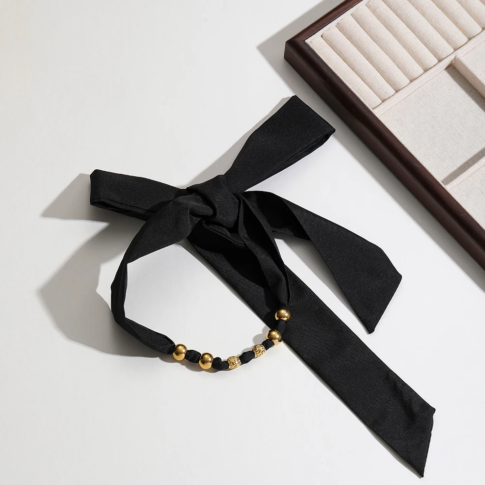 

INS Bestseller Adjustable Silk Ribbon Necklace 18K Gold Plated Sphere Pendant Stainless Steel Luxury Choker for Women