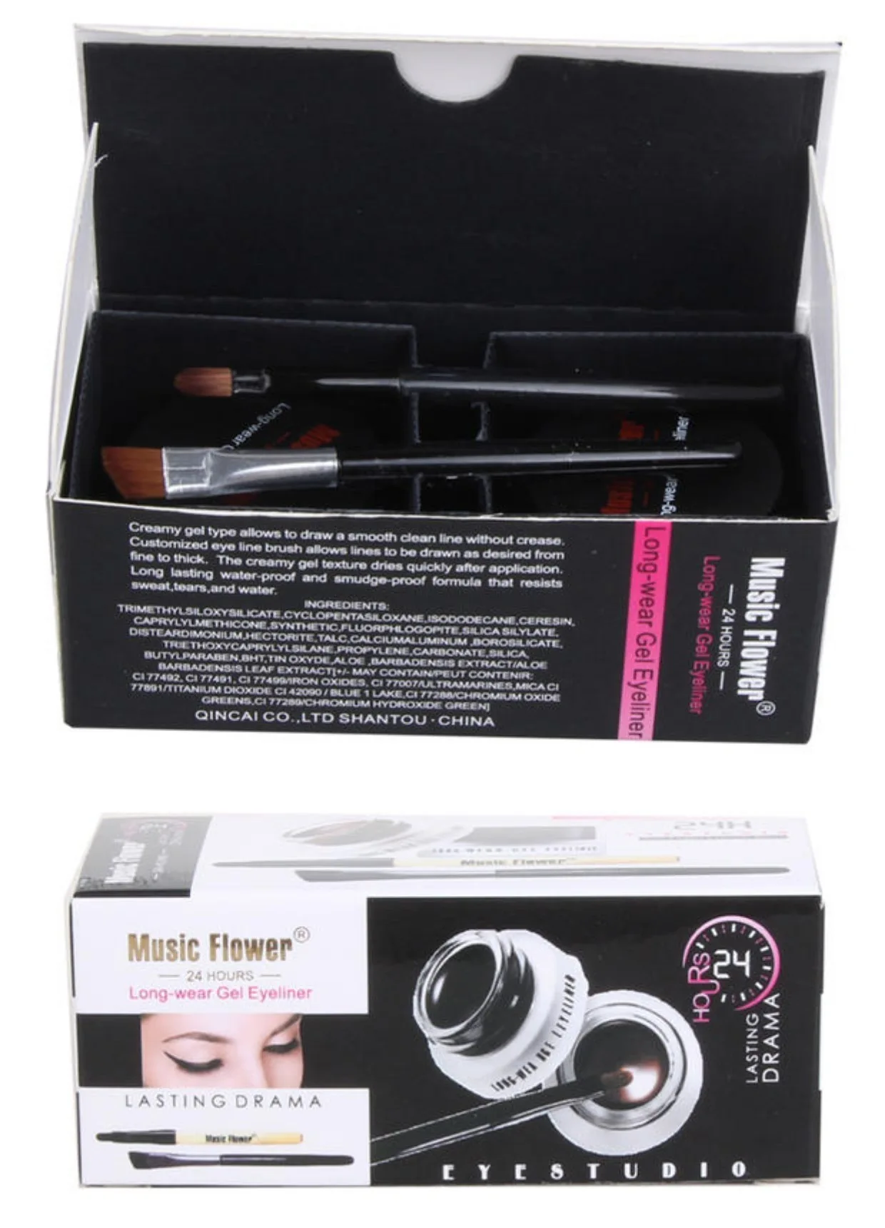 Music Flower 2 In 1 Brown + Black Eyeliner Gel Make Up Water-proof Eye Liner Kit Eye Makeup Tool 24H Long Lasting+ Brushes