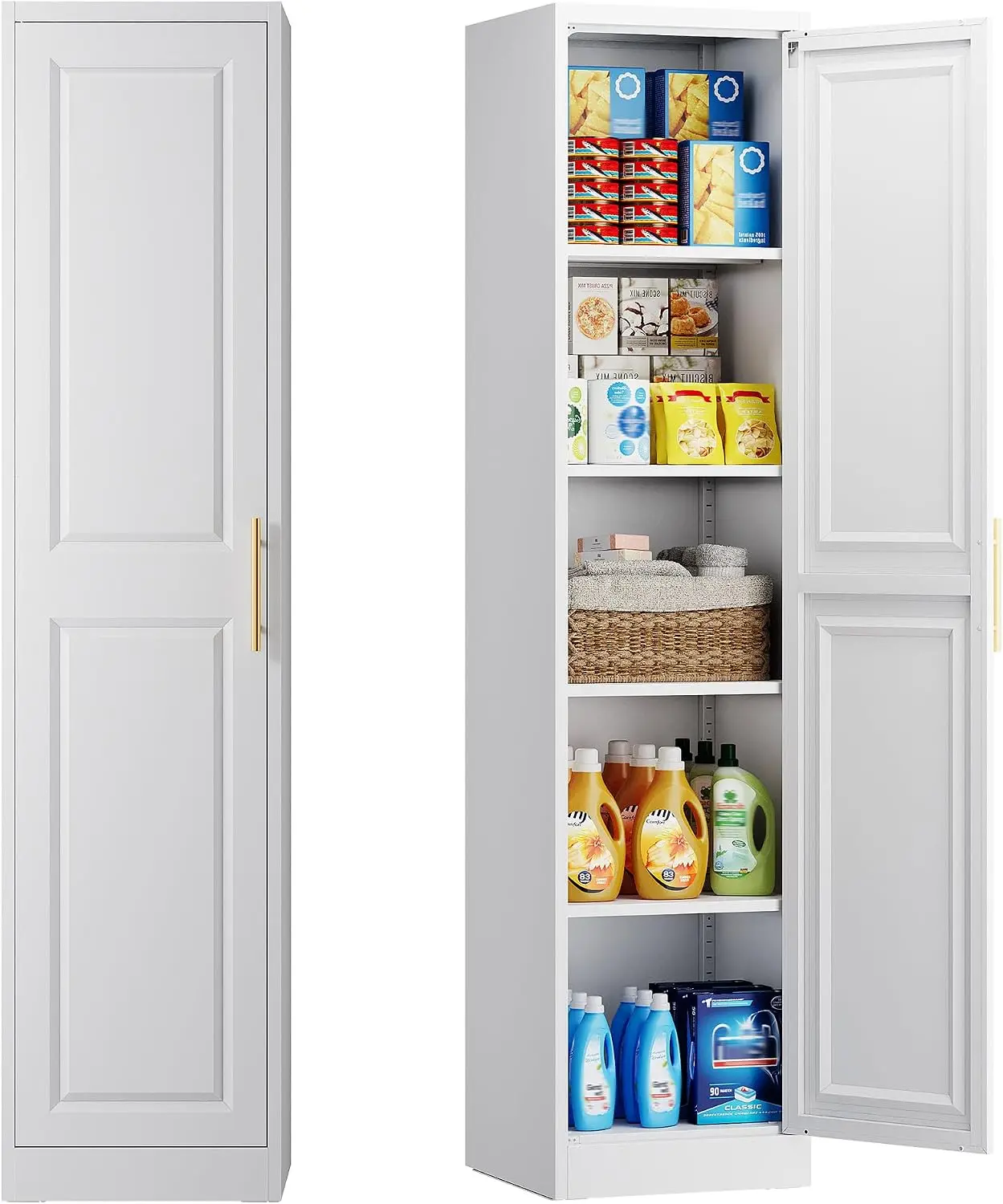 Tall Narrow Storage Cabinet, Slim Kitchen Pantry Organizer Cupboard, Freestanding Linen Tower With Doors And Four Adjustable Shelves, Modern Floor Standing Unit For Small Spaces, White, 1 Piece