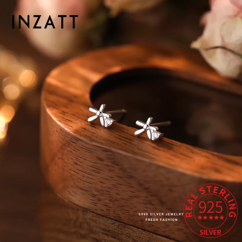 

INZATT Real 925 Sterling Silver Zircon CZ Flower Mini Stud Earrings for Women Classic Fine Jewelry Minimalist Accessories
