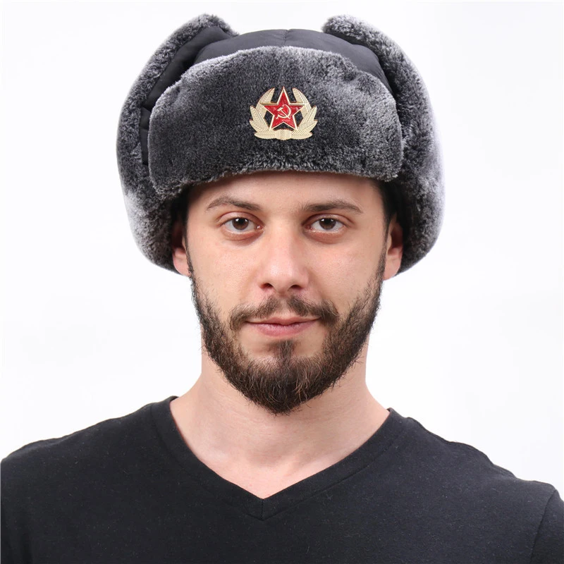 Man Winter Hat Russian Trapper Hat Cap With Soviet Badge Faux Furs Ushanka Flaps Water Wind Proof Thick Soft Hat For Oudoor Use