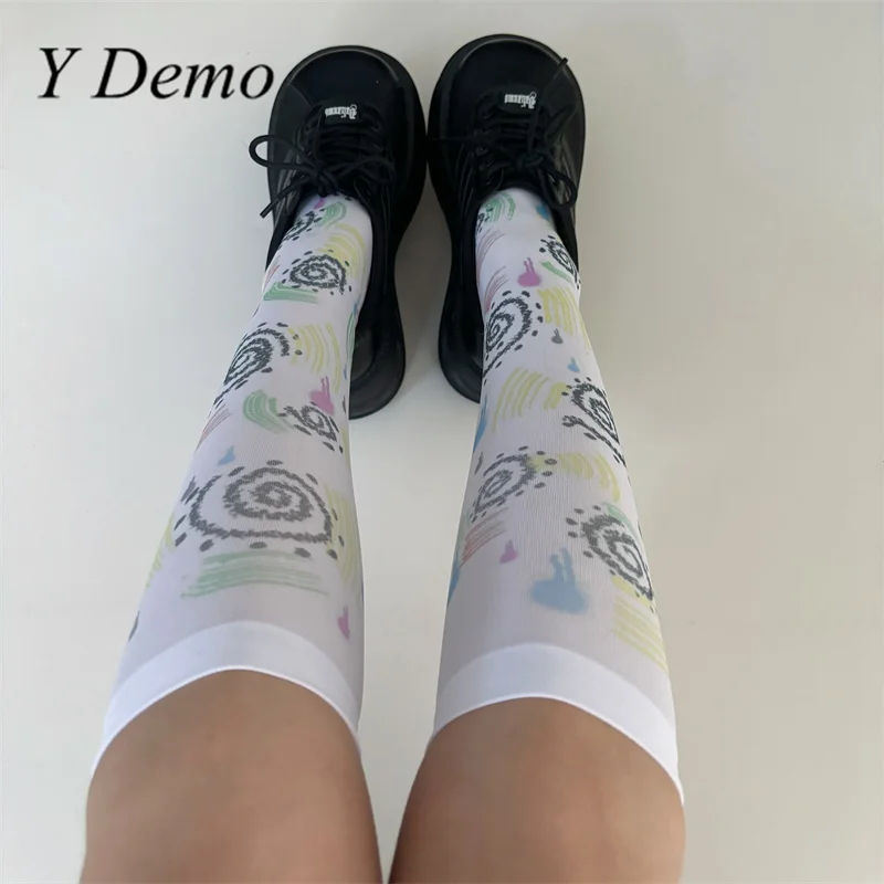 Y Demo-جورب بدوامة ضيقة بطباعة خطوط للنساء ، رقيقة ، متوسطة ، صيفية ، لوحة