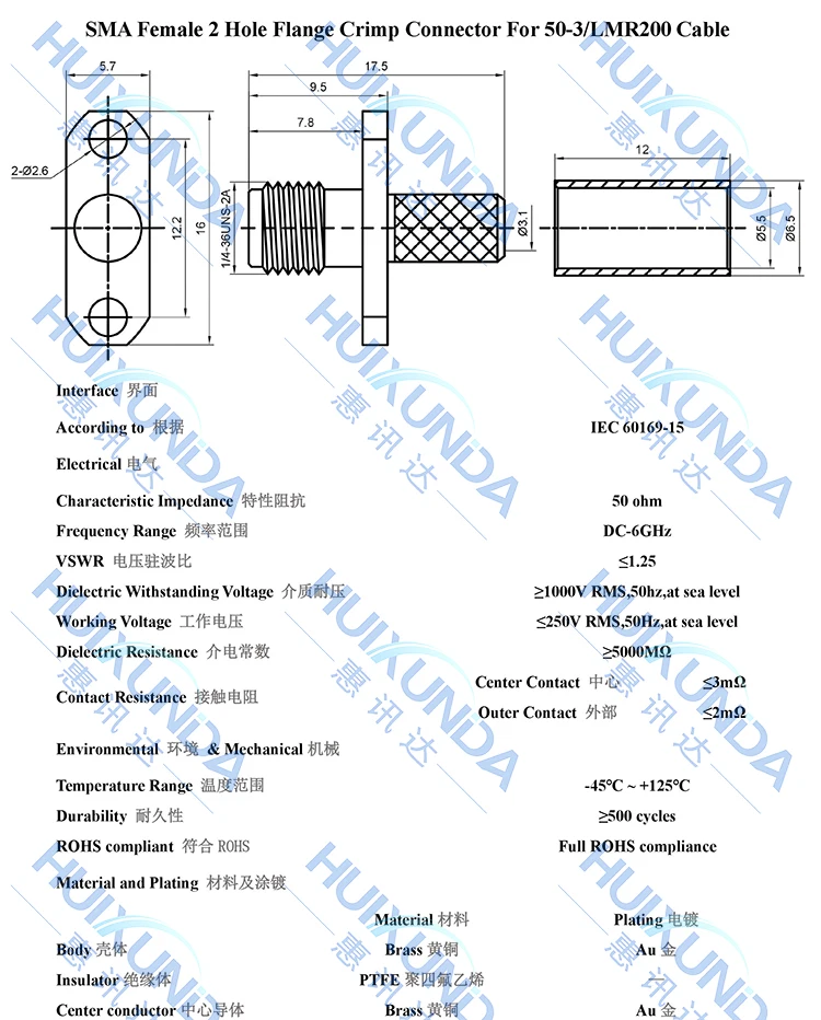 SMA-C-KF-3 SMA female two-hole diamond flange crimp 50-3/RG58 cable SMA connector KF5