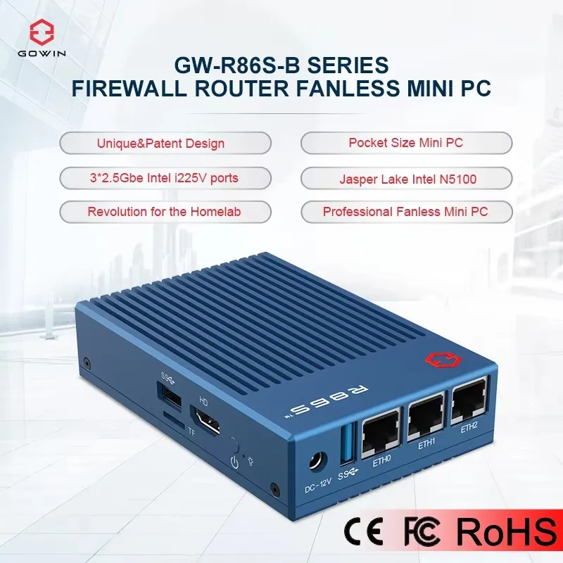 Gowin R86S-B1 Fanless Mini PC com N5100 8GB RAM 3*2.5Gbe I225V Porta Modelo Básico Suporta Pfsense OPNsense Ubantu Windows