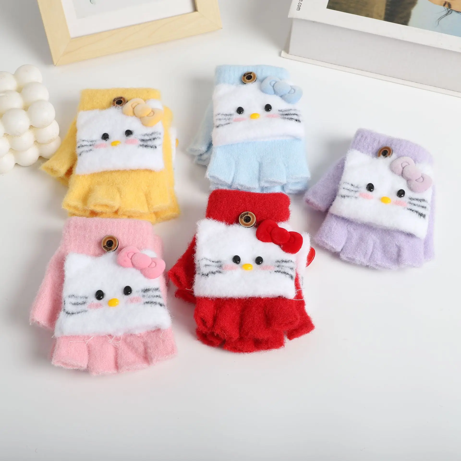 

Gloves winter cute cartoon baby thickened warm student writing clamshell two-use half-finger five-finger gloves