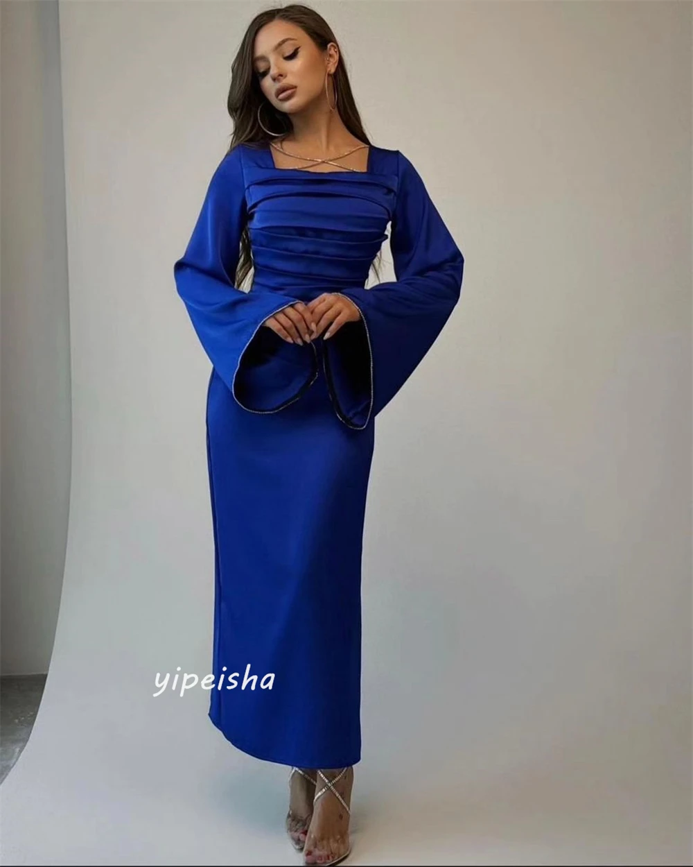 Customized  Jersey Sequined Ruched Evening A-line Square Neck Bespoke Occasion Gown Midi Dresses