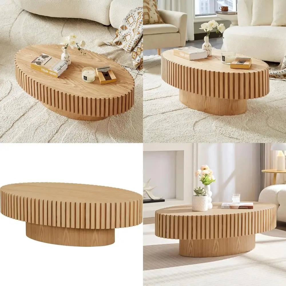 طاولة قهوة بيضاوية مقاس 43.31 بوصة مع أعمال خشبية مصنوعة يدويًا ونمط طبل دائري لغرفة المعيشة #1