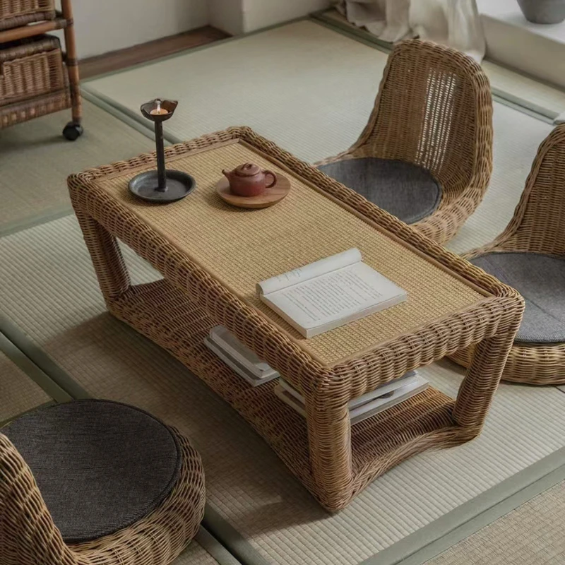 

Rattan nature bed and breakfast tatami balcony bay window double-layer coffee table