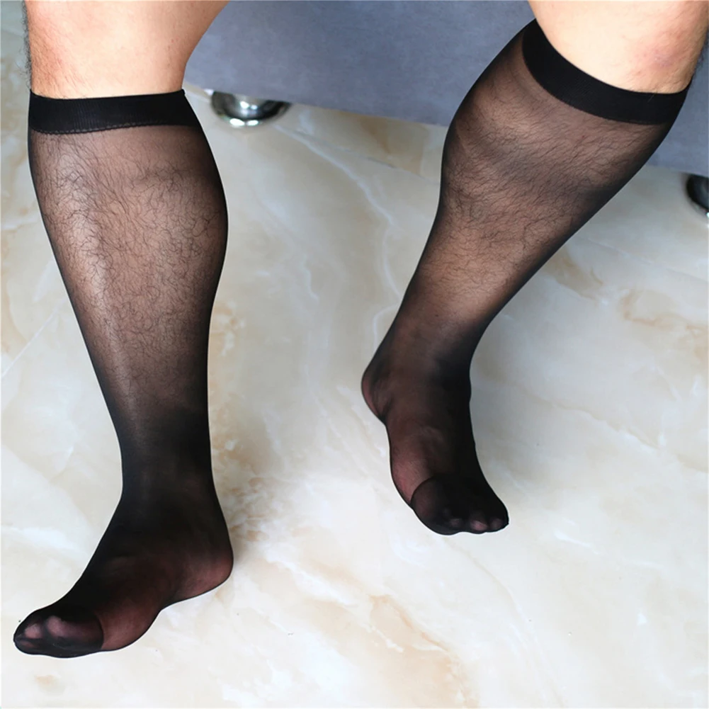 1 Pair Men\'s Silky Socks Summer Wide Striped Toe Sheer Formal Dress Socks Silk High Thin Breathable Business Stockings For Man