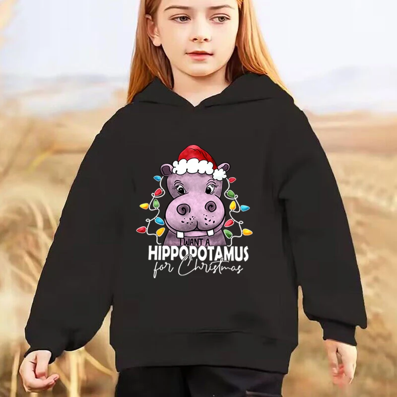 Christmas Hippopotamus Hoodies Boys Girls Long Sleeve Tracksuits Funny Cartoon Hippo Pullover Kids Fashion Xmas Party Sweatshirt