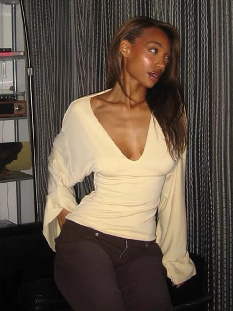 

Batwing Long Sleeve T Shirts For Women Streetwear Loose Fit Pullover Feminist Clothes V-neck Camisetas Y2k Tops Ropa De Mujer