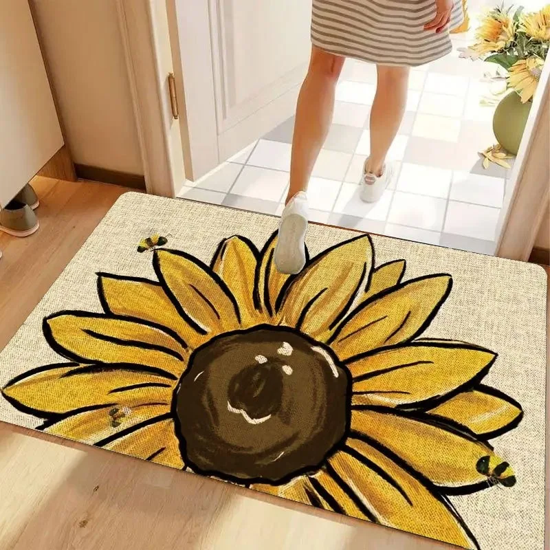 Sketch Style Large Sunflower With Bee Pattern Doormat Casual Farmhouse Rug for Home Entrance Hallway Indoor Home Decoration