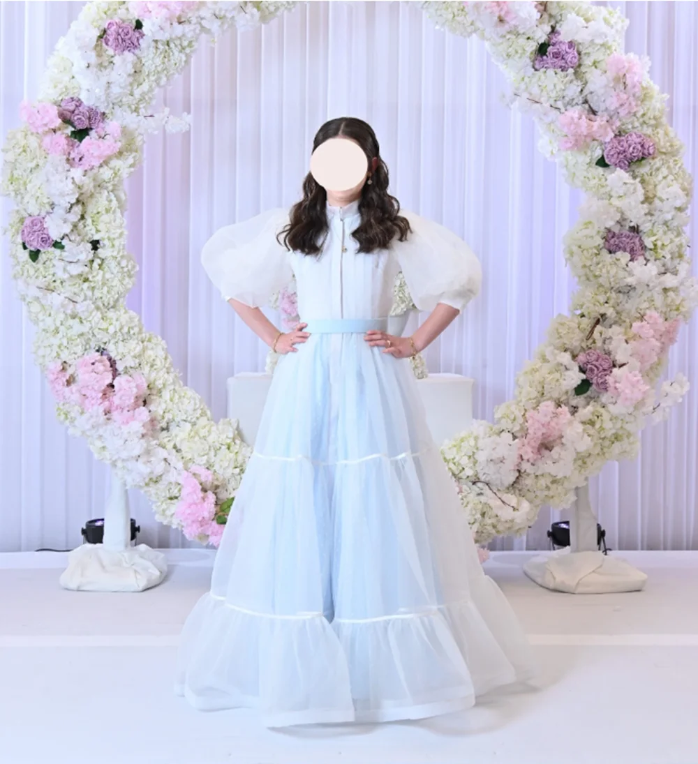 Vestido de tul azul cielo para niña, falda hinchada, vestidos de flores con volantes para niña pequeña, vestidos de fiesta de boda