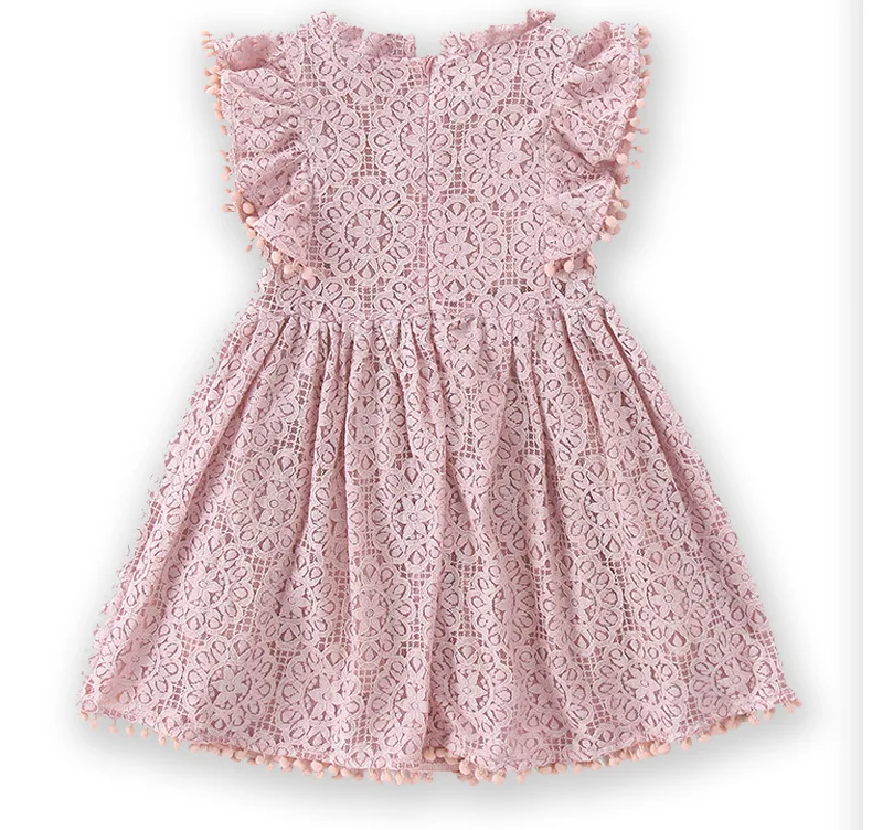 2023 Retro Abstract Girls Spring Summer Dress Hollow Lace Small Ball Flying Sleeve Children Princess Hollow Dress Bohemian 1-8T